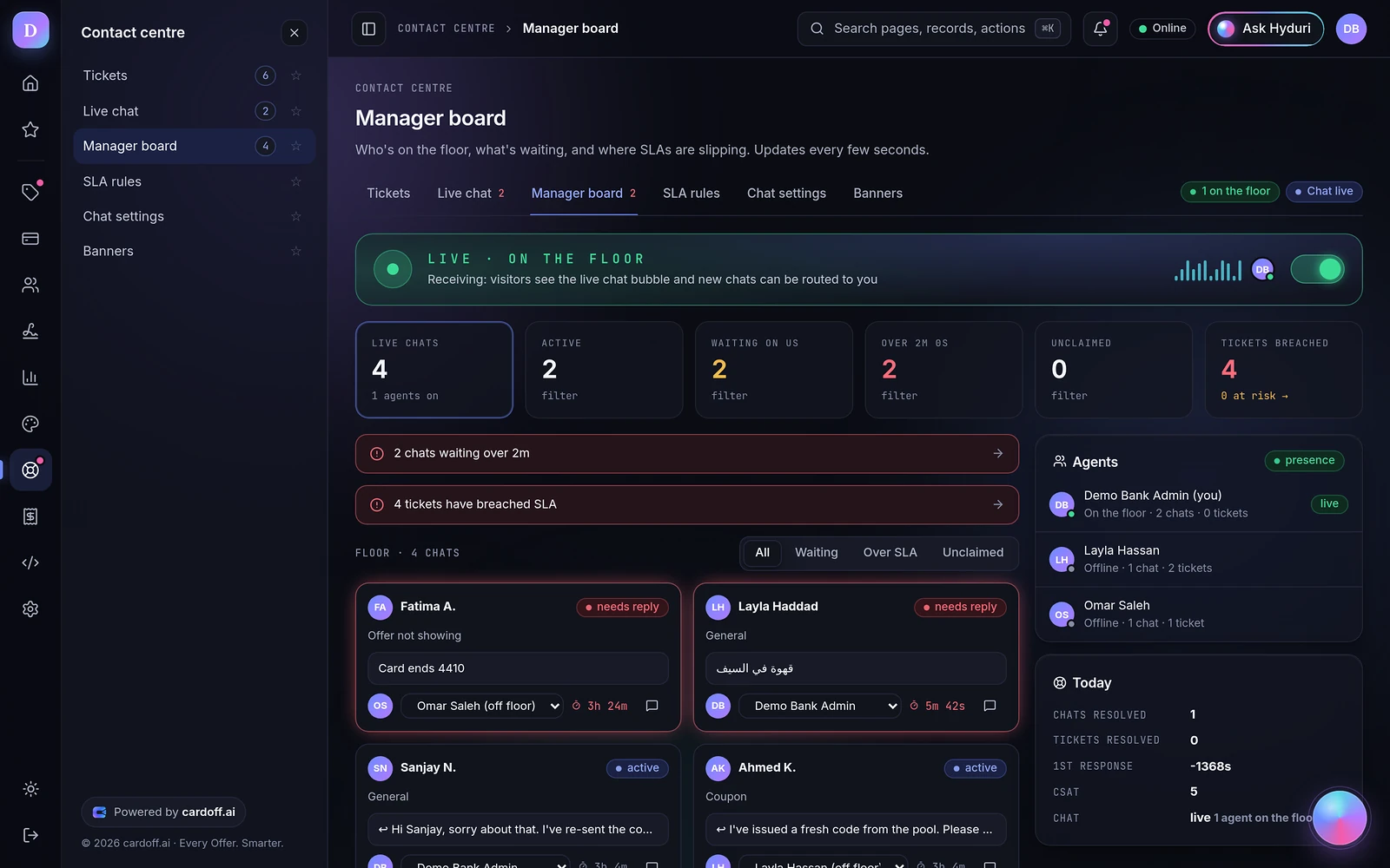 The support manager board in the console, with live queues