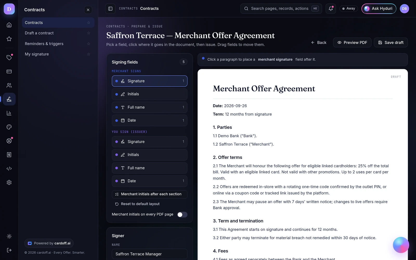Placing signature fields on a merchant agreement