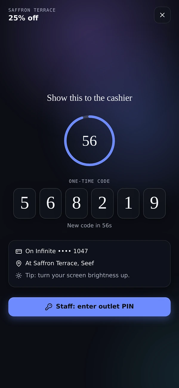 Customer app showing a one-time code at the till